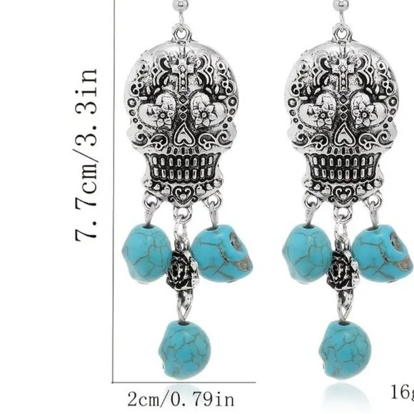 Skull Earrings Dangle Stone Pierced Silver Punk Ornate Biker Festive Calaveras - Picture 3 of 3